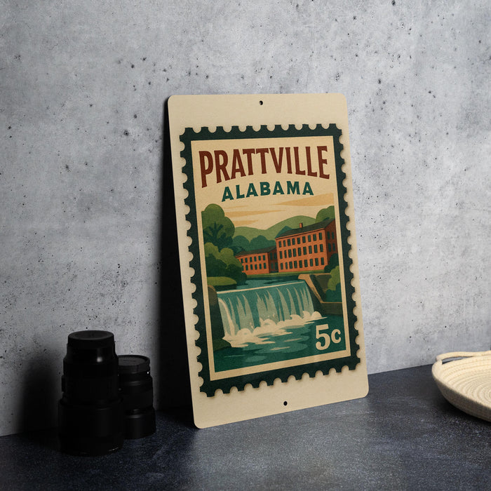 A metal sign with a postage stamp design, featuring a waterfall and buildings, is displayed on a table.