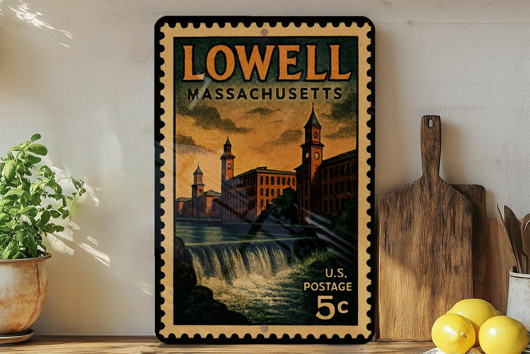 A vintage postage stamp from Lowell, Massachusetts, featuring a cityscape with a waterfall, displayed on a shelf next to a wooden cutting board and some lemons.