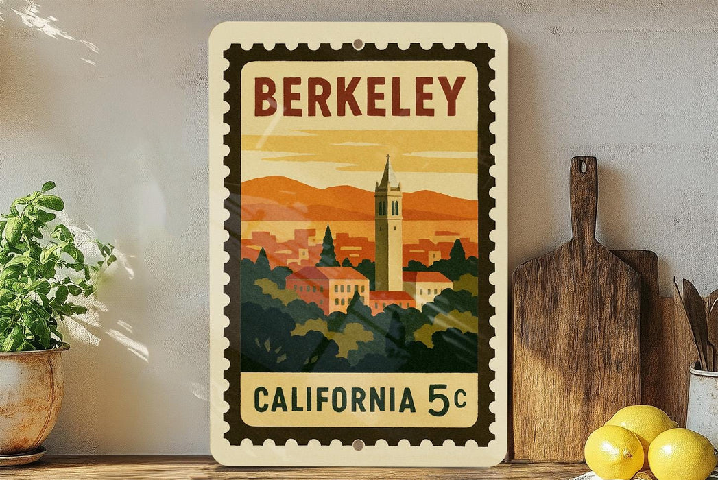A vintage-style postage stamp depicting the city of Berkeley, California, with a tall bell tower and a colorful sunset in the background.