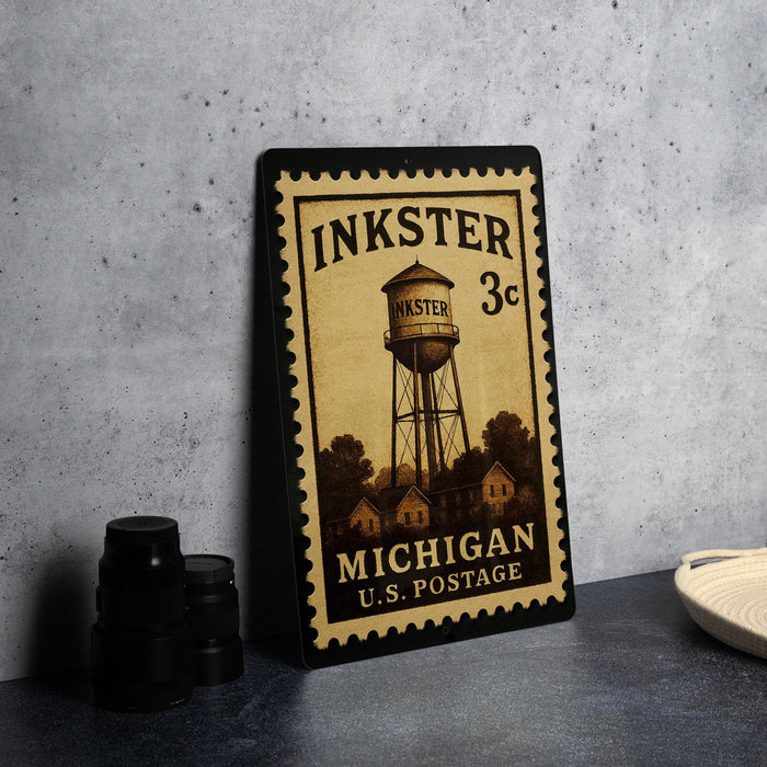 A vintage-style metal stamp depicting a water tower, with the text "Inkster 3c" and "Michigan U.S. Postage" printed on it.