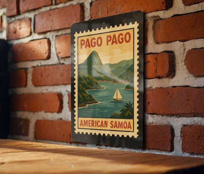 A vintage-style metal sign with a sailboat and mountains in the background, mounted on a brick wall.