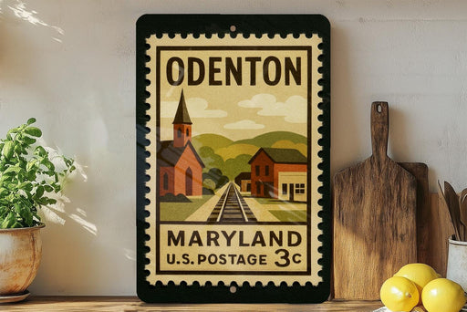 A framed vintage postage stamp from Maryland, featuring a church and train tracks, is displayed on a shelf next to a wooden cutting board and a potted plant.