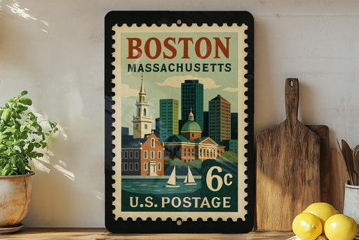 A vintage postage stamp from Boston, Massachusetts, featuring a cityscape and a church, is displayed on a shelf next to a wooden cutting board and some lemons.