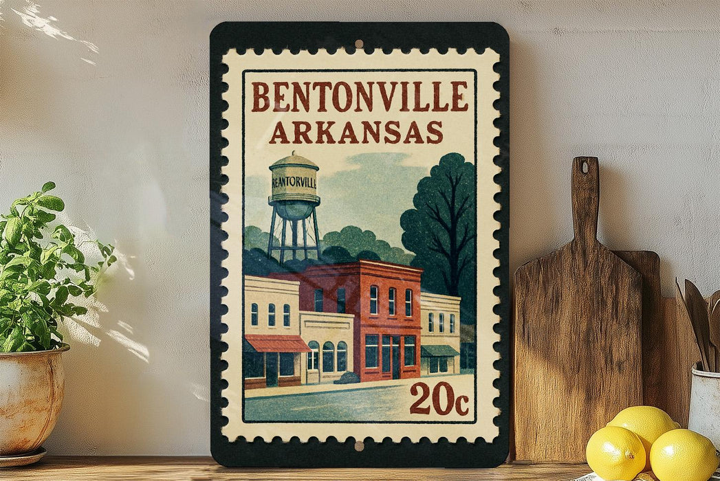 A vintage postage stamp from Bentonville, Arkansas, featuring a water tower and a small town scene.