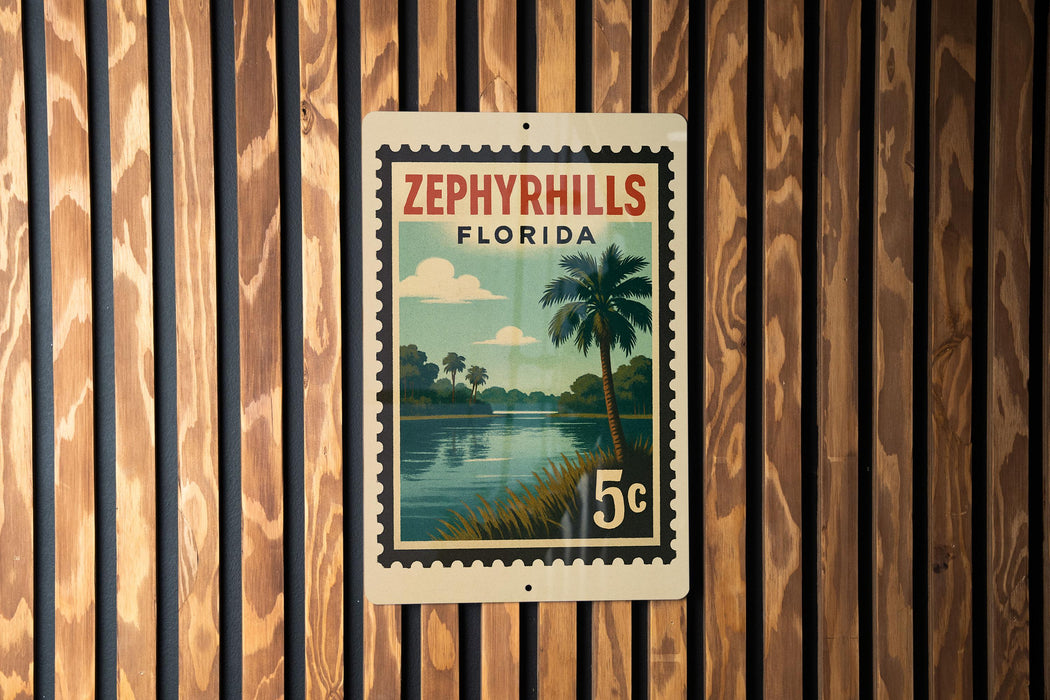 A vintage-style postage stamp from Florida, featuring a palm tree and a body of water, is displayed on a wooden wall.