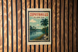 A vintage-style postage stamp from Florida, featuring a palm tree and a body of water, is displayed on a wooden wall.
