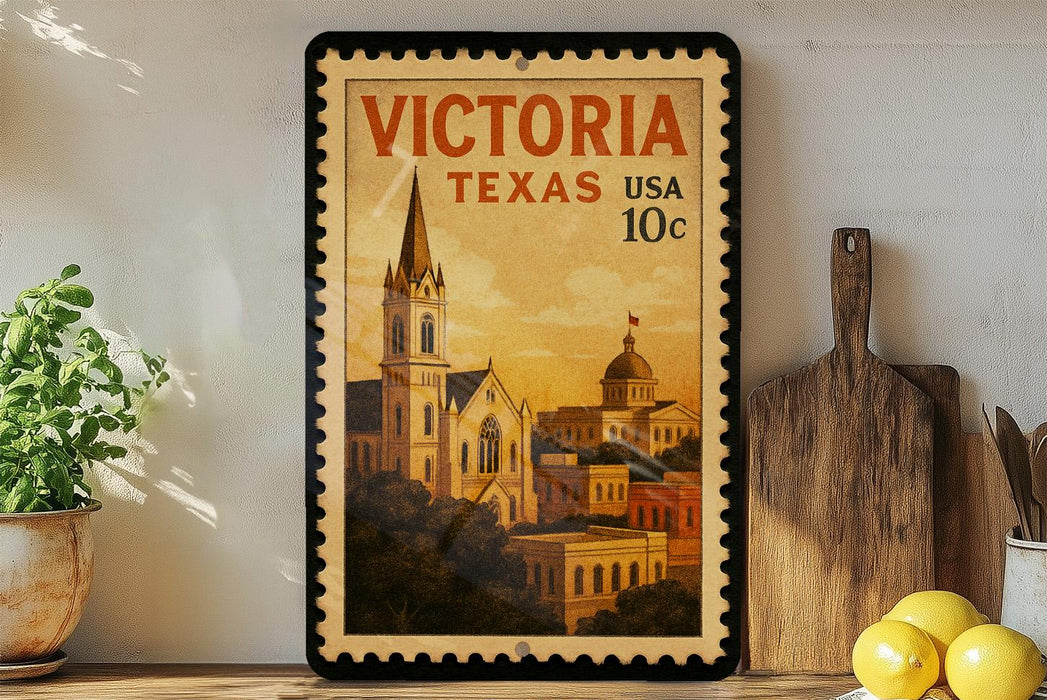 A framed vintage postage stamp from Victoria, Texas, featuring a church and other buildings, is displayed on a shelf next to a wooden cutting board and a potted plant.