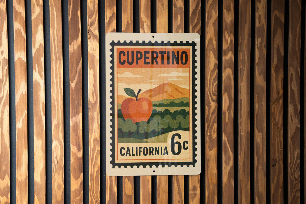 A California postage stamp with an illustration of an orange fruit, likely an apple, on a wooden background.