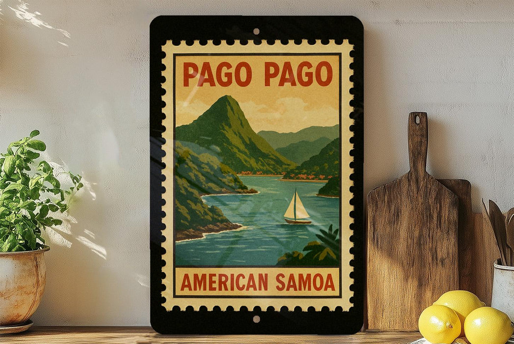 A framed vintage-style poster of Pago Pago, an island in the Pacific Ocean, is displayed on a wall next to a wooden cutting board and a potted plant.