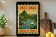 A framed vintage-style poster of Pago Pago, an island in the Pacific Ocean, is displayed on a wall next to a wooden cutting board and a potted plant.