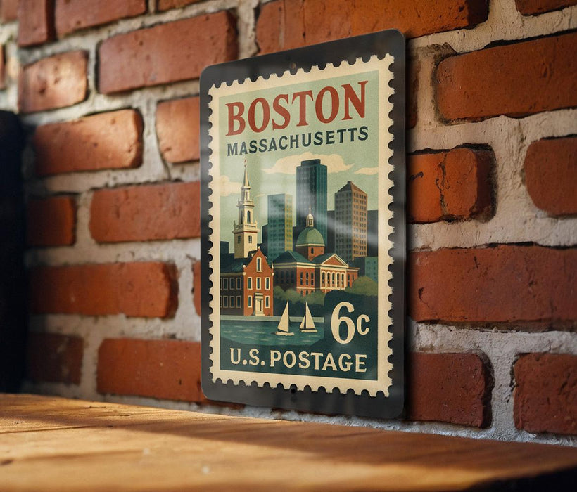 A vintage Boston Massachusetts postage stamp is displayed on a brick wall, featuring a cityscape illustration and the text "U.S. POSTAGE".