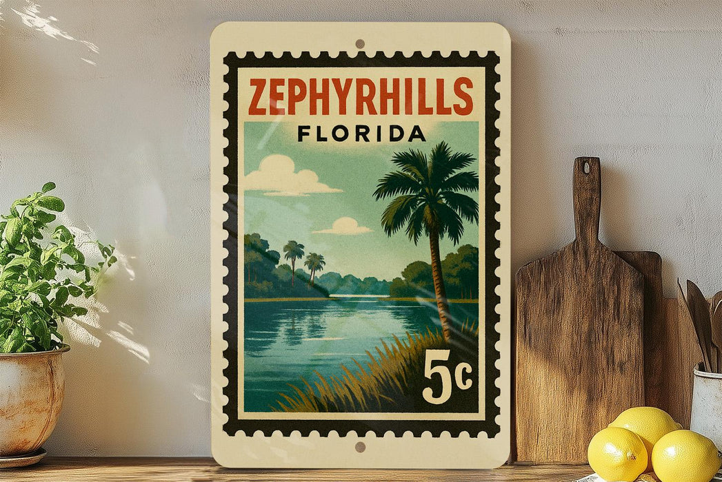A vintage-style stamp depicting a tropical landscape with palm trees, a river, and a cloudy sky, with the text "Zephyr Hills, Florida" and a value of 5 cents.