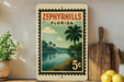 A vintage-style stamp depicting a tropical landscape with palm trees, a river, and a cloudy sky, with the text "Zephyr Hills, Florida" and a value of 5 cents.