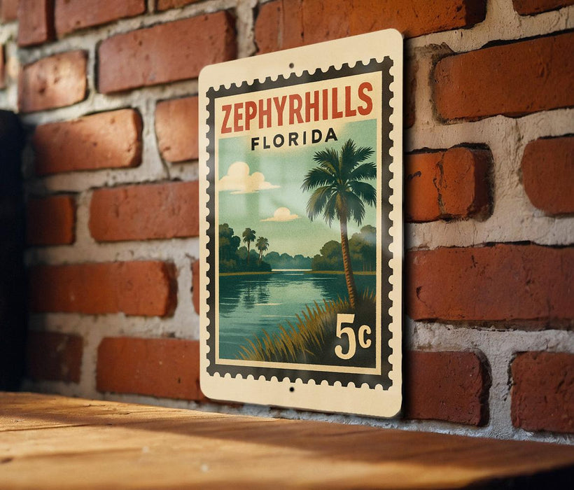 A vintage-style metal sign with a tropical landscape depicting a palm tree and a body of water, mounted on a brick wall.