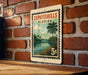 A vintage-style metal sign with a tropical landscape depicting a palm tree and a body of water, mounted on a brick wall.