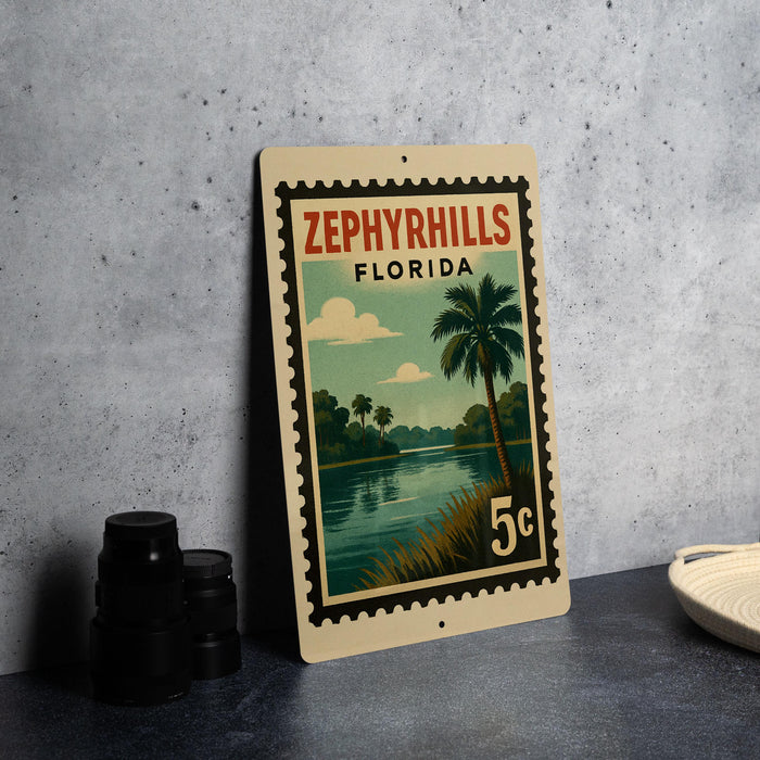 A vintage-style metal sign with the text "ZEPHYRILLS FLORIDA" and a palm tree illustration, placed on a gray countertop next to some black camera lenses.