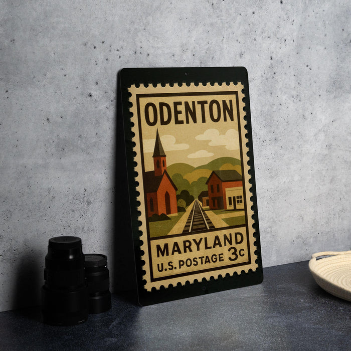 A vintage-style postage stamp from the United States, featuring an illustration of a small town in Maryland with a church and train tracks.