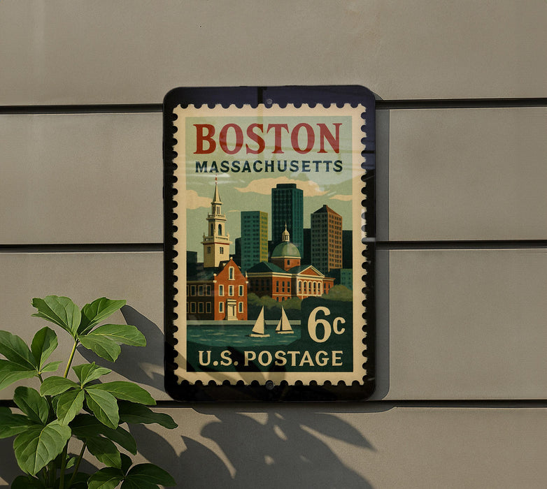 A vintage Boston Massachusetts postage stamp is displayed on a wall, featuring a cityscape and a 6 cent value.