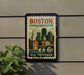 A vintage Boston Massachusetts postage stamp is displayed on a wall, featuring a cityscape and a 6 cent value.