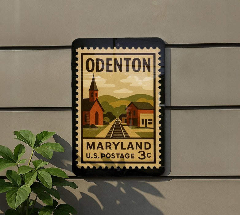 A vintage-style postage stamp from the United States Postal Service, featuring an illustration of a small town with a church and train tracks, mounted on a wall.