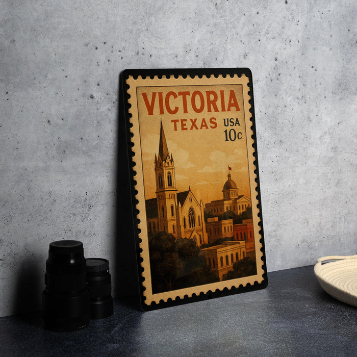 A vintage postage stamp from Victoria, Texas, featuring an illustration of the city's architecture.