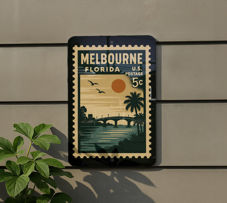 A vintage postage stamp from Melbourne, Florida, featuring a tropical landscape with palm trees, a bridge, and a sunset.