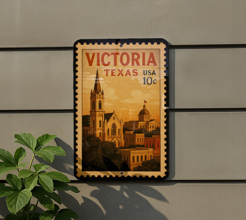 A postage stamp from Victoria, Texas, featuring a cityscape with a church and other buildings.