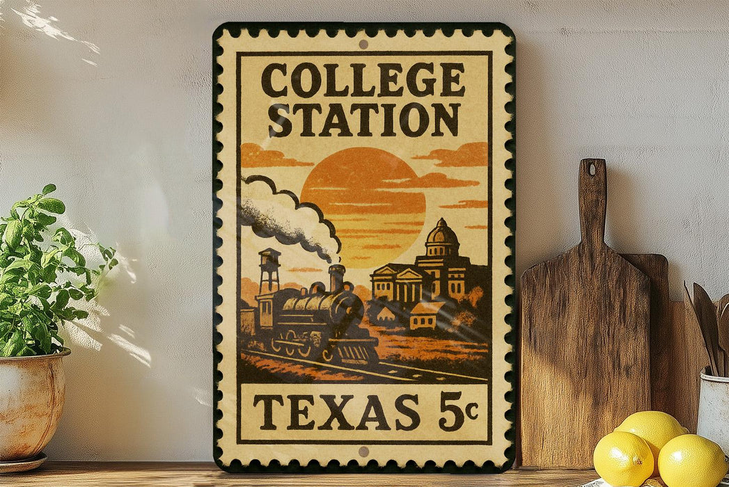 A vintage-style metal sign with a train and a sunset, mounted on a wall next to a wooden cutting board and some potted plants.