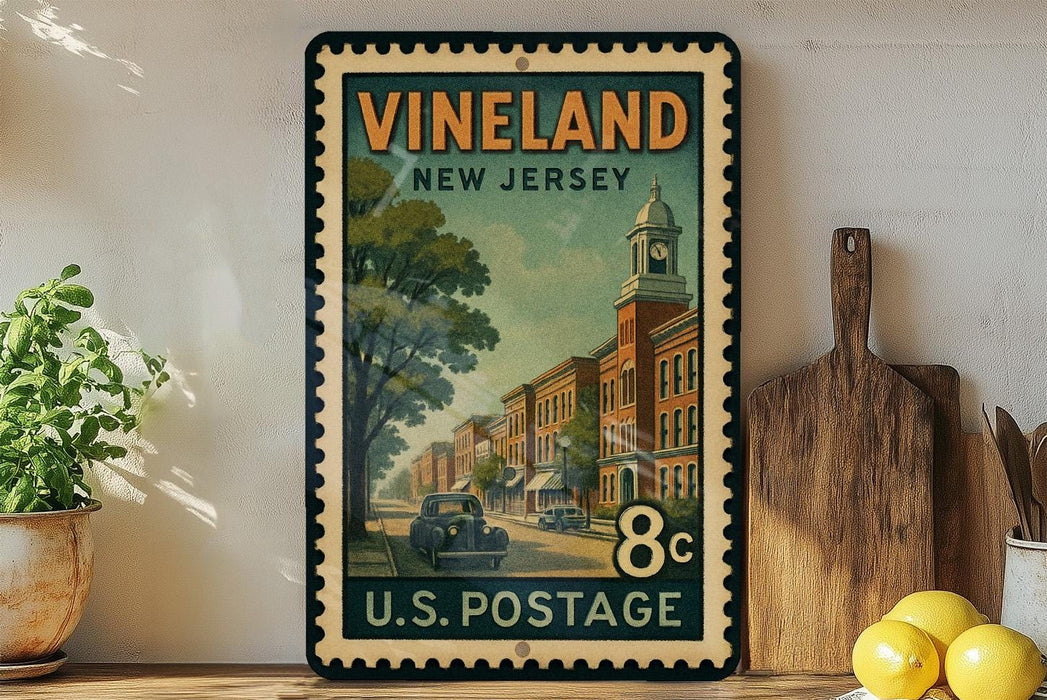 A vintage postage stamp from New Jersey, featuring a street scene with a clock tower, is displayed on a shelf next to a wooden cutting board and some lemons.