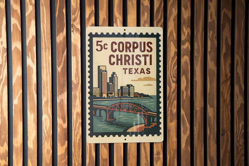 A metal sign with a graphic of a city skyline and a bridge, mounted on a wooden wall.