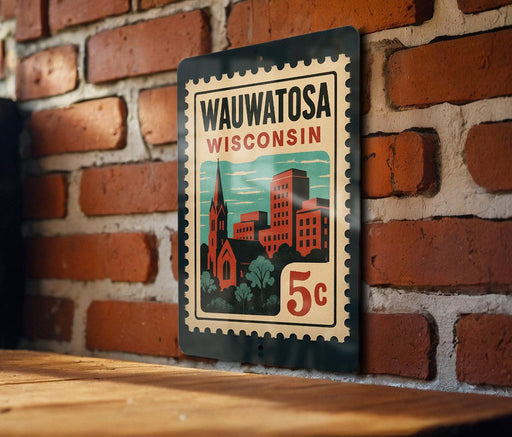 A metal sign with a vintage-style illustration of a cityscape and a church, mounted on a brick wall.