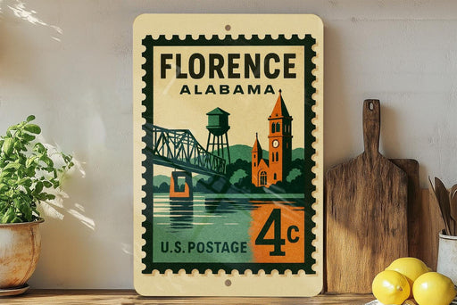 A vintage postage stamp from Florence, Alabama, featuring a bridge and a clock tower, is displayed on a shelf next to a wooden cutting board and some lemons.