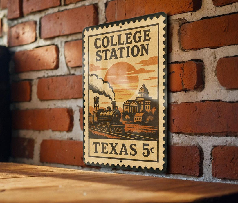 A vintage-style metal sign with a train and a building, mounted on a brick wall.