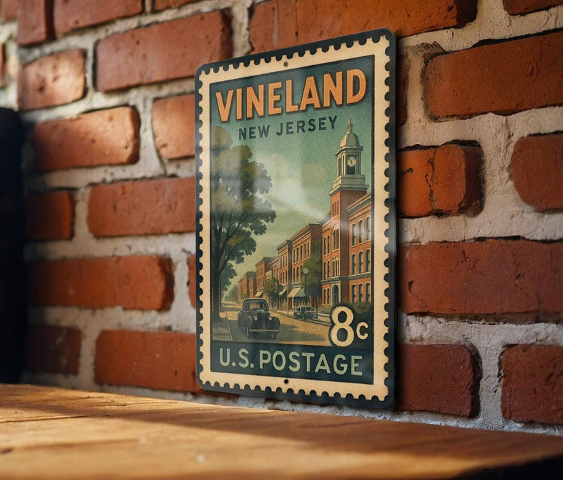 A vintage postage stamp from New Jersey, featuring a brick building and a clock tower, is displayed on a wooden surface against a brick wall.