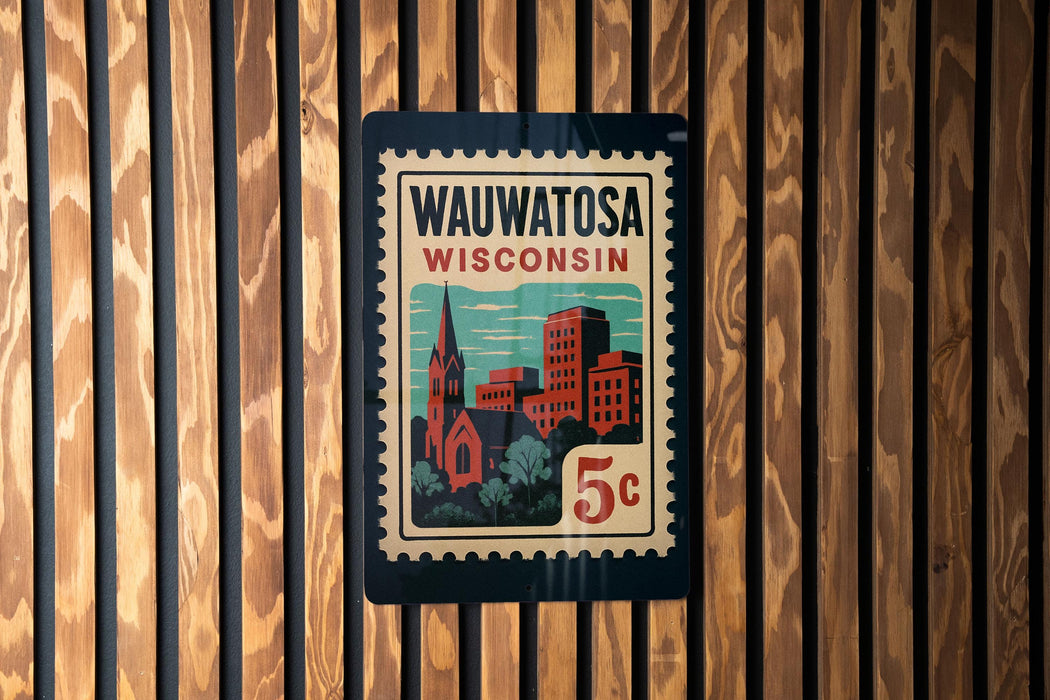 A vintage-style postage stamp from Wisconsin, featuring a cityscape and the text "Wauwatosa Wisconsin" on it.