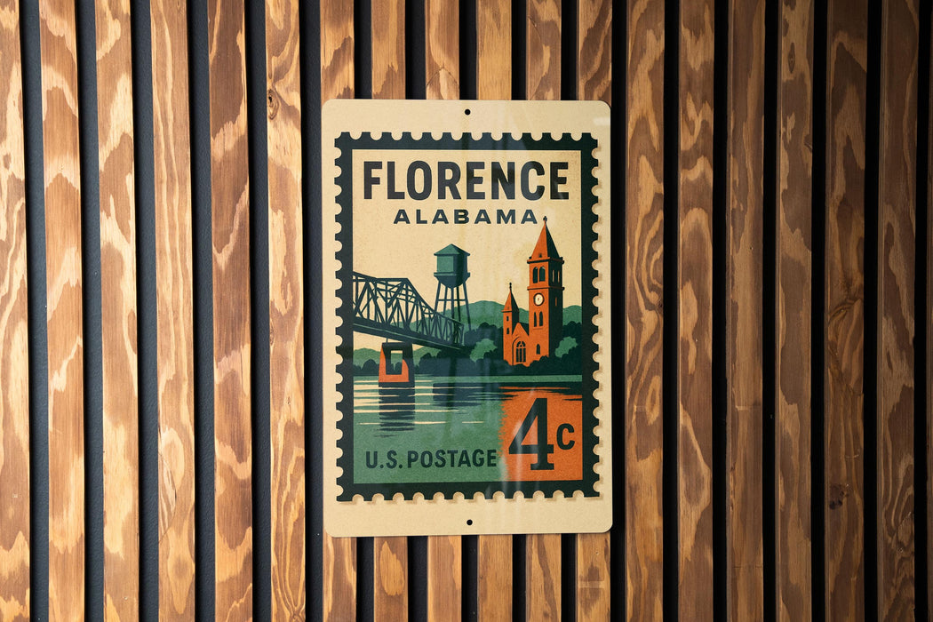 A vintage postage stamp from Florence, Alabama, featuring a bridge and a church, mounted on a wooden wall.
