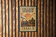A vintage-style postage stamp depicting a train on a track, with the text "COLLEGE STATION" and "TEXAS 5¢" printed on it, mounted on a wooden wall.