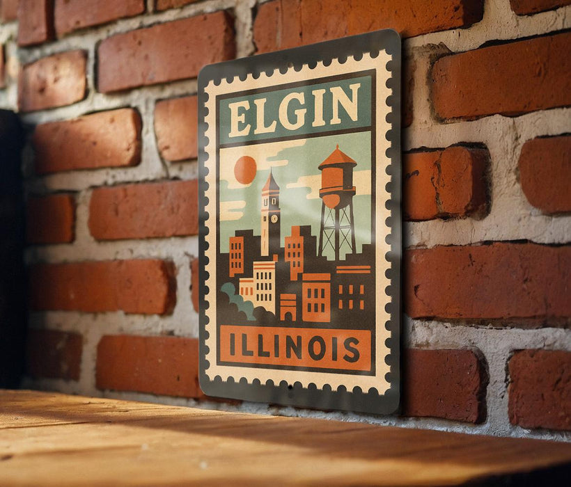 A vintage-style metal sign with a cityscape and a water tower, mounted on a brick wall.