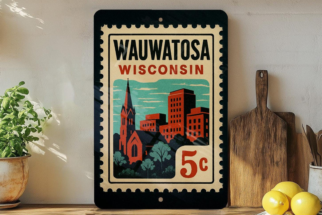 A framed poster of a cityscape with a church and buildings, featuring the text "Wauwatosa, Wisconsin" and a 5 cent postage stamp.
