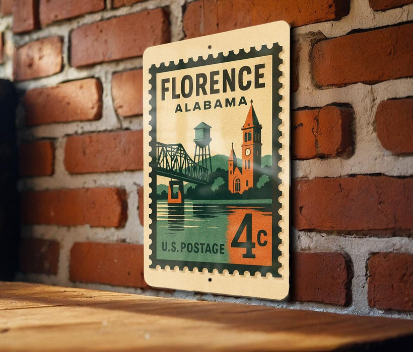 A vintage postage stamp from Florence, Alabama, featuring a bridge and a clock tower, is displayed on a brick wall.