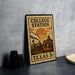 A vintage-style metal sign with a train and a sunset in the background, advertising "College Station" in Texas.