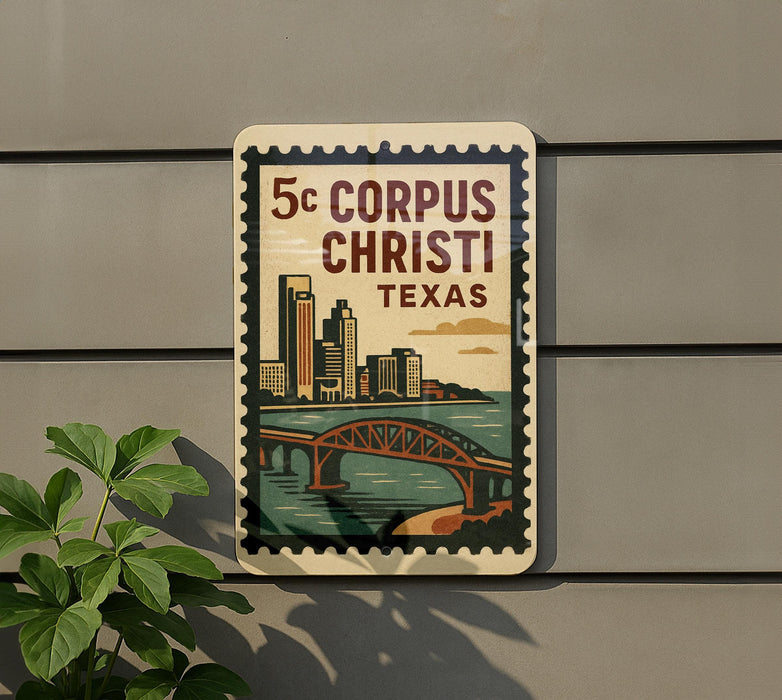 A decorative sign with a cityscape and a bridge, mounted on a wall.