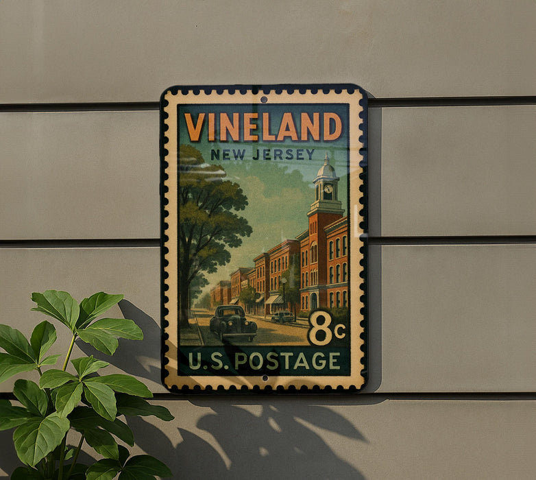 A vintage postage stamp from New Jersey, featuring a street scene with buildings and a clock tower, is displayed on a wall.