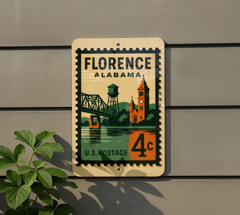 A vintage postage stamp from Florence, Alabama, featuring a bridge and a clock tower, mounted on a wall.