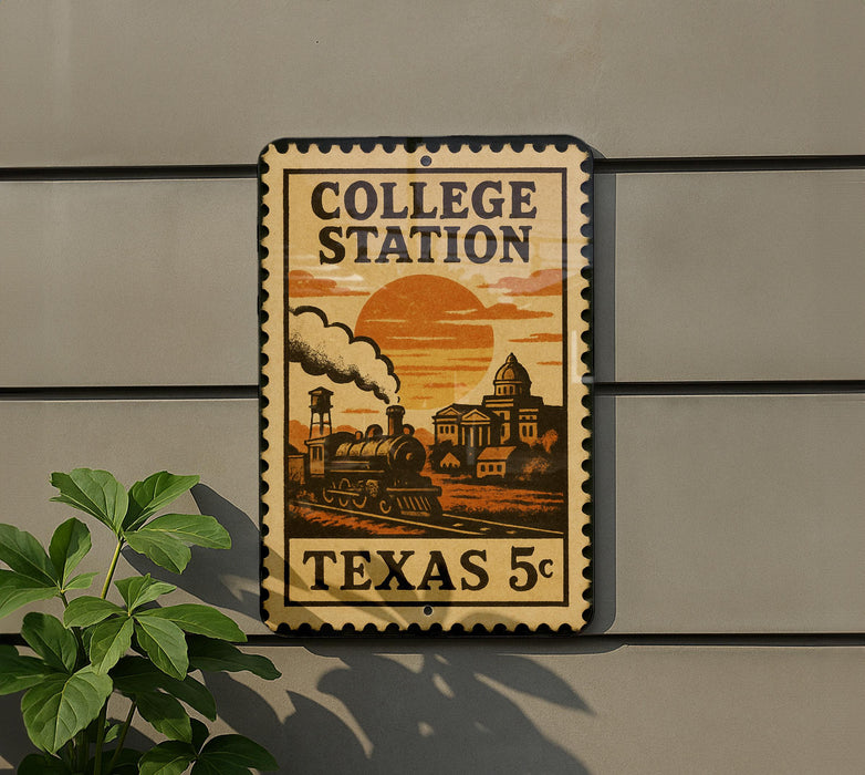 A vintage-style metal sign with a train and a sunset in the background, mounted on a wall.