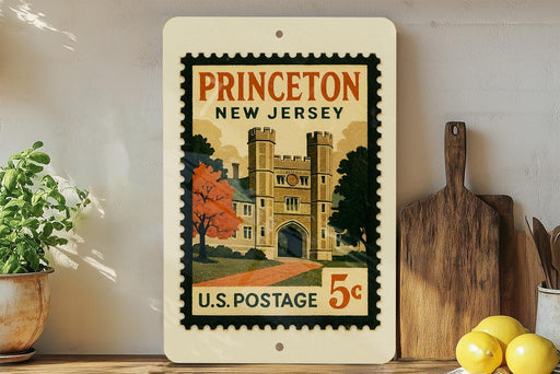 A vintage-style postage stamp from Princeton, New Jersey, featuring a castle and trees, displayed on a shelf next to a wooden cutting board and some lemons.