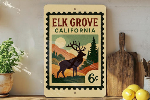 A vintage-style stamp depicting a deer in a forest setting, with the text "ELK GROVE CALIFORNIA" and a price of 6 cents.