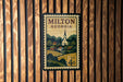 A postage stamp from Milton, Georgia, featuring a church and a rural landscape.