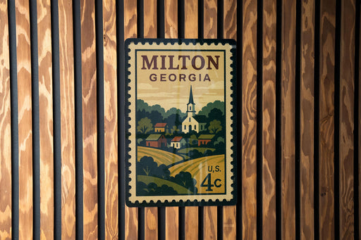 A postage stamp from Milton, Georgia, featuring a church and a rural landscape.