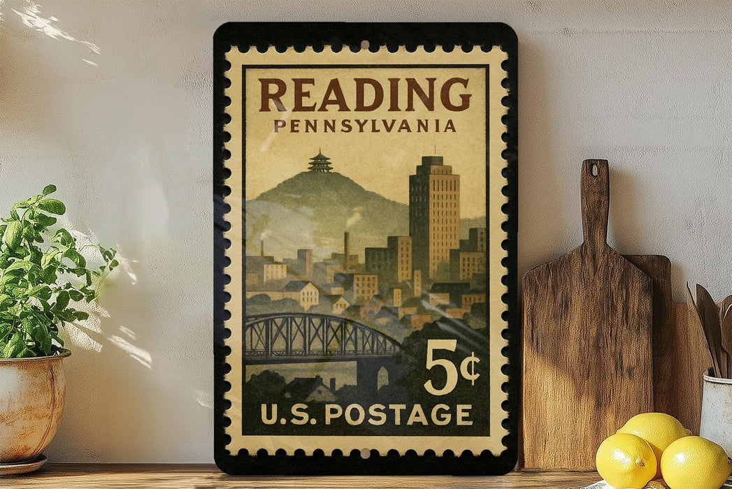 A vintage-style postage stamp from Pennsylvania, featuring a cityscape and a bridge, is displayed on a shelf next to a wooden cutting board and some lemons.